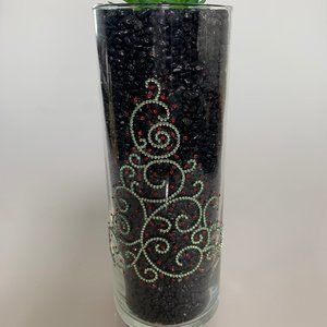 Vase or candle holder, 9 inches tall. Red, green, white rhinestones. Two designs